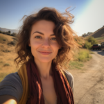 A woman with wavy brown hair and a scarf smiles at the camera on a sunny dirt path in a dry, hilly landscape.