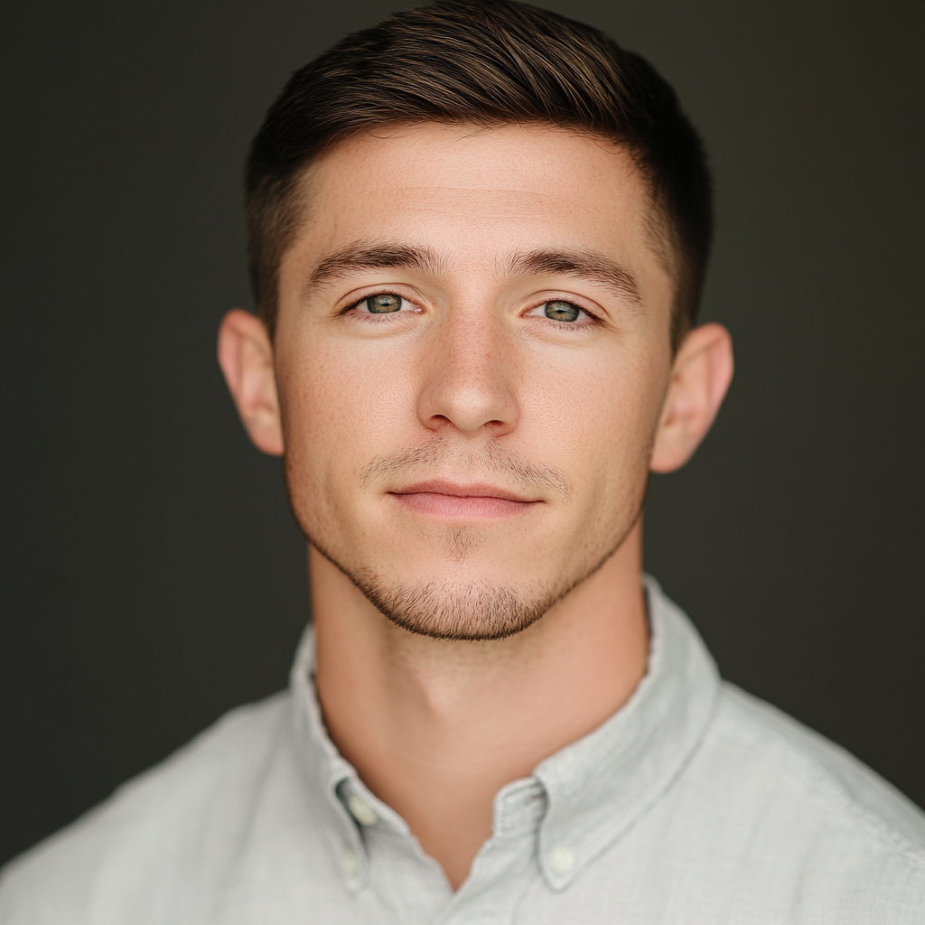 A young man with short brown hair and light stubble, wearing a light gray button-up shirt, poses against a plain dark background.