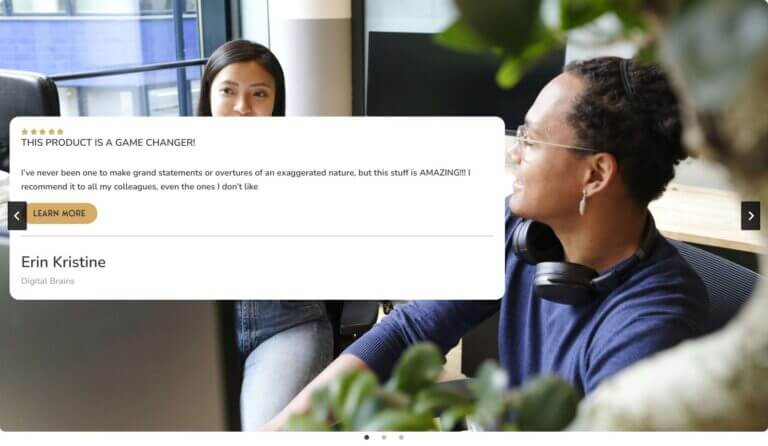 Two people sit at a desk having a conversation. Overlaid on the image is a customer testimonial about a product, featuring a five-star review from Erin Kristine of Digital Brains.