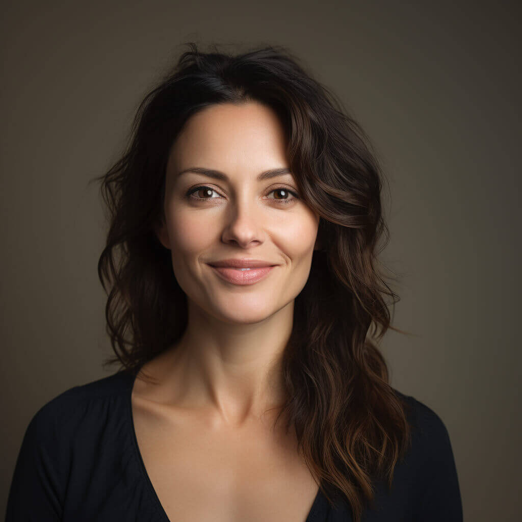 A woman with wavy dark hair and a slight smile poses in front of a neutral background, wearing a black top.