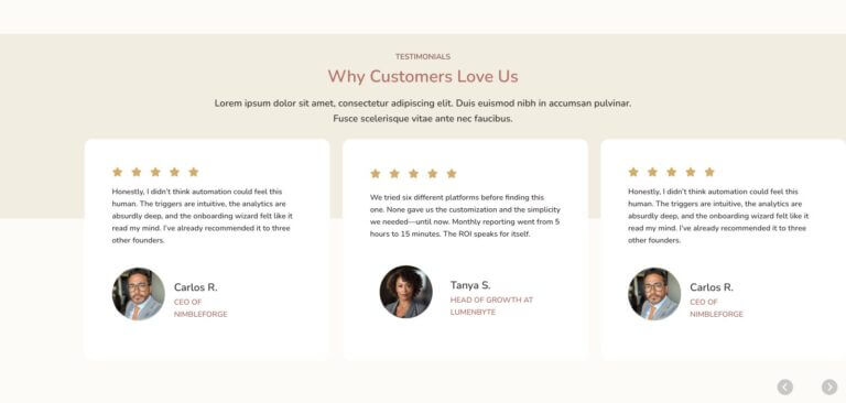 Three customer testimonials are displayed in columns, each featuring a star rating, feedback text, and a small circular photo of the reviewer with their name and job title beneath.