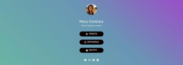 Profile page for Mary Contrary, Product Designer in Sydney, with a circular photo, website, Instagram, and Spotify buttons on a blue-purple gradient background. Social icons at the bottom.