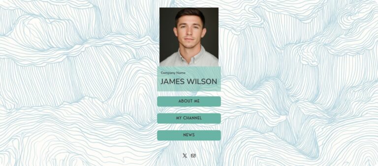 Profile webpage featuring a portrait of a young man above the name James Wilson with buttons labeled About Me, My Channel, and News on a patterned background.