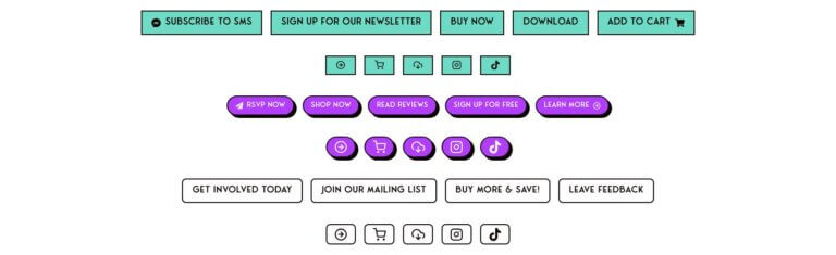 A variety of rectangular and rounded buttons in teal, purple, and white displaying calls to action such as subscribe, shop, buy, download, and social media icons.