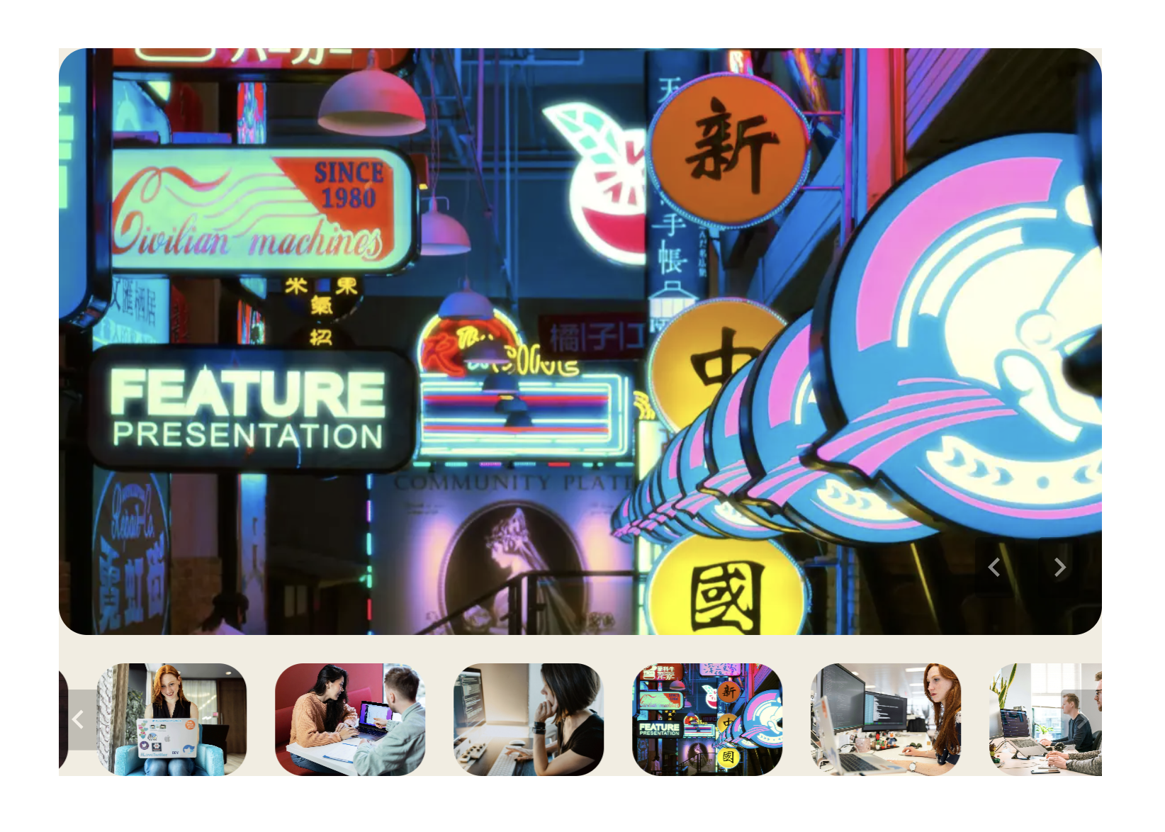 A large image slider with a featured image and multiple thumbnail images beneath.