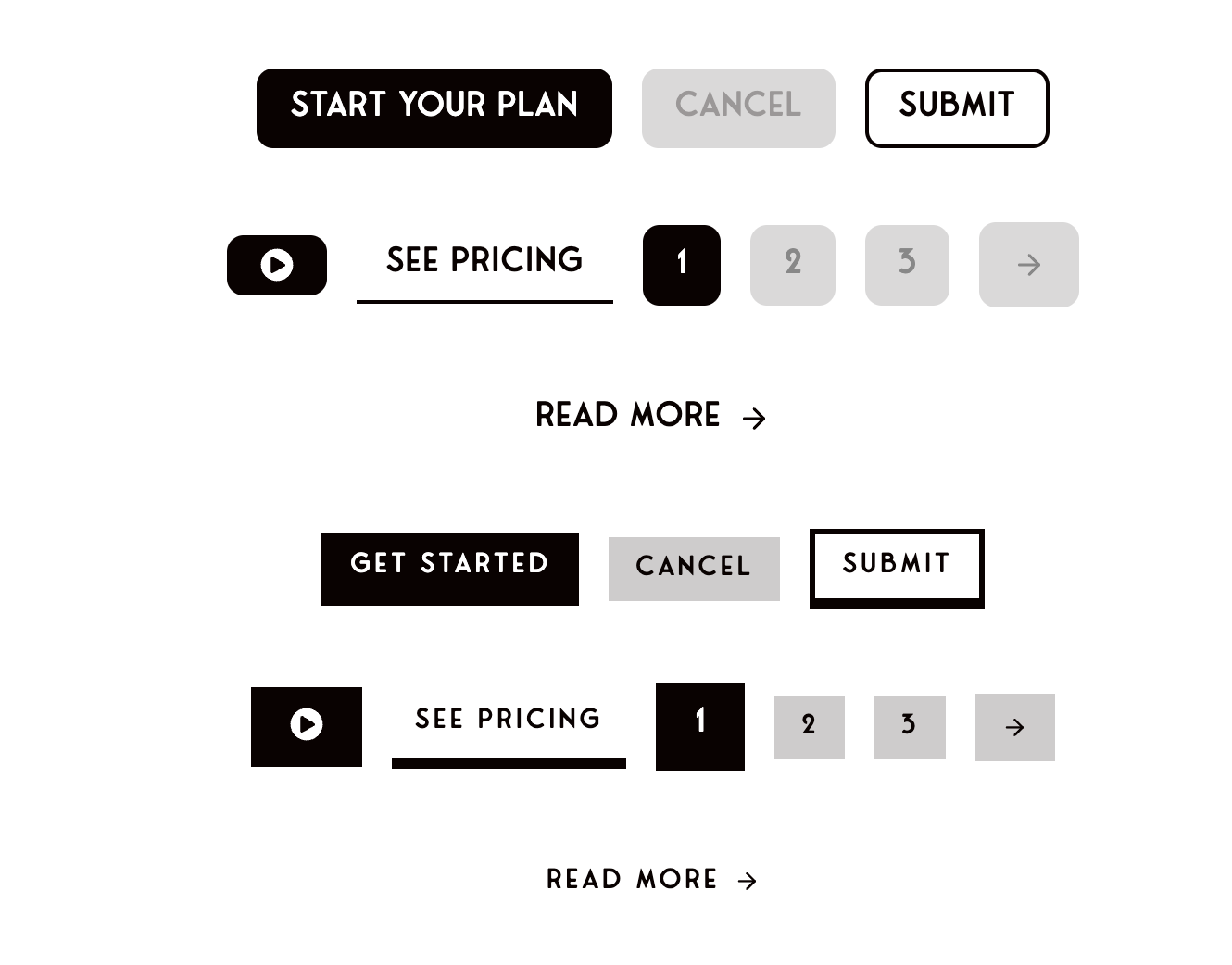 A collection of various website UI buttons, including Start Your Plan, Cancel, Submit, See Pricing, Get Started, pagination numbers, and Read More, in black, white, and gray styles.