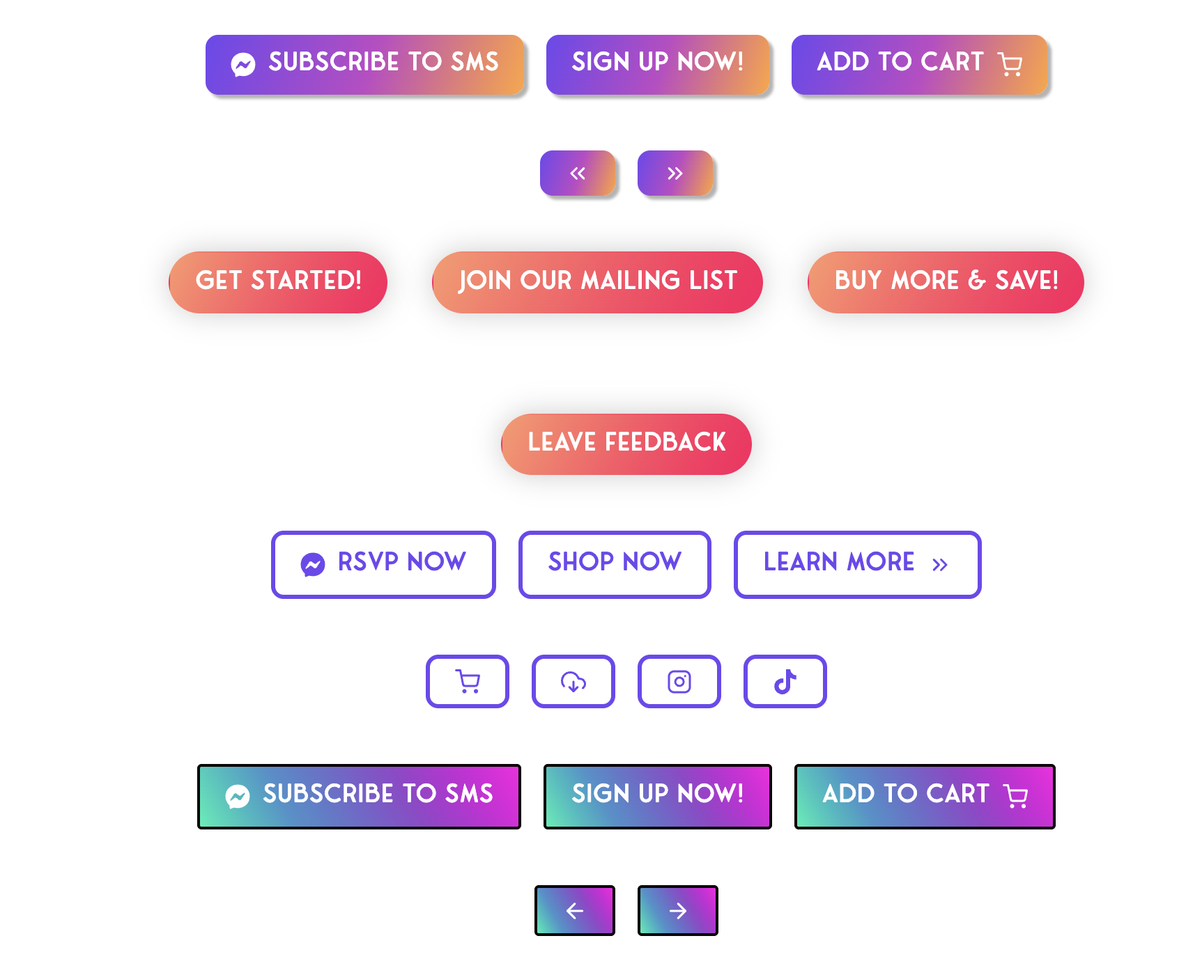 A collection of colorful website buttons for actions like subscribe, sign up, add to cart, RSVP, shop, and follow on social media, shown in various styles.